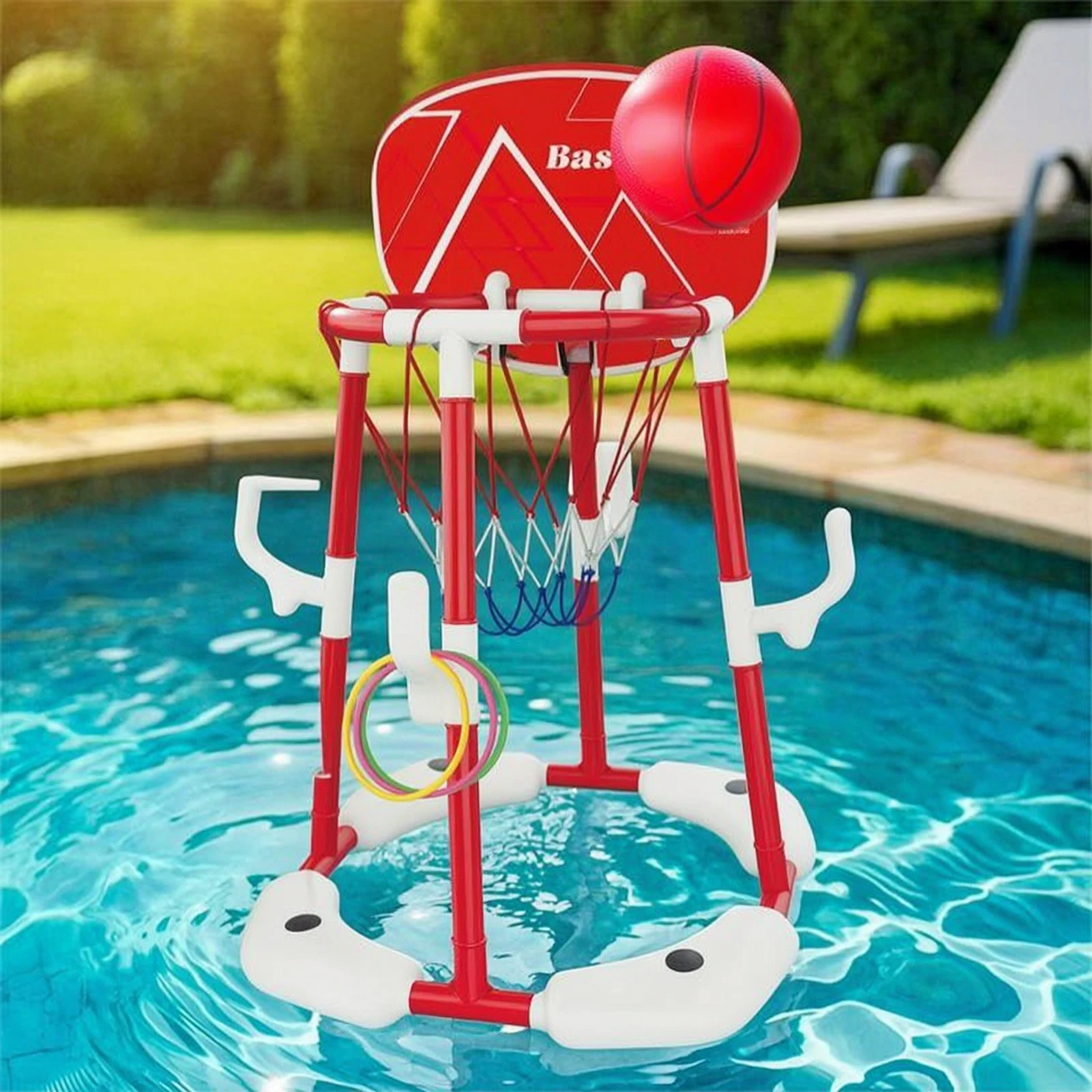 Pool Basketball Hoop with Rings Freestanding Water Basketball Game Toy Easy to Assemble Long-Lasting for Family, Backyard