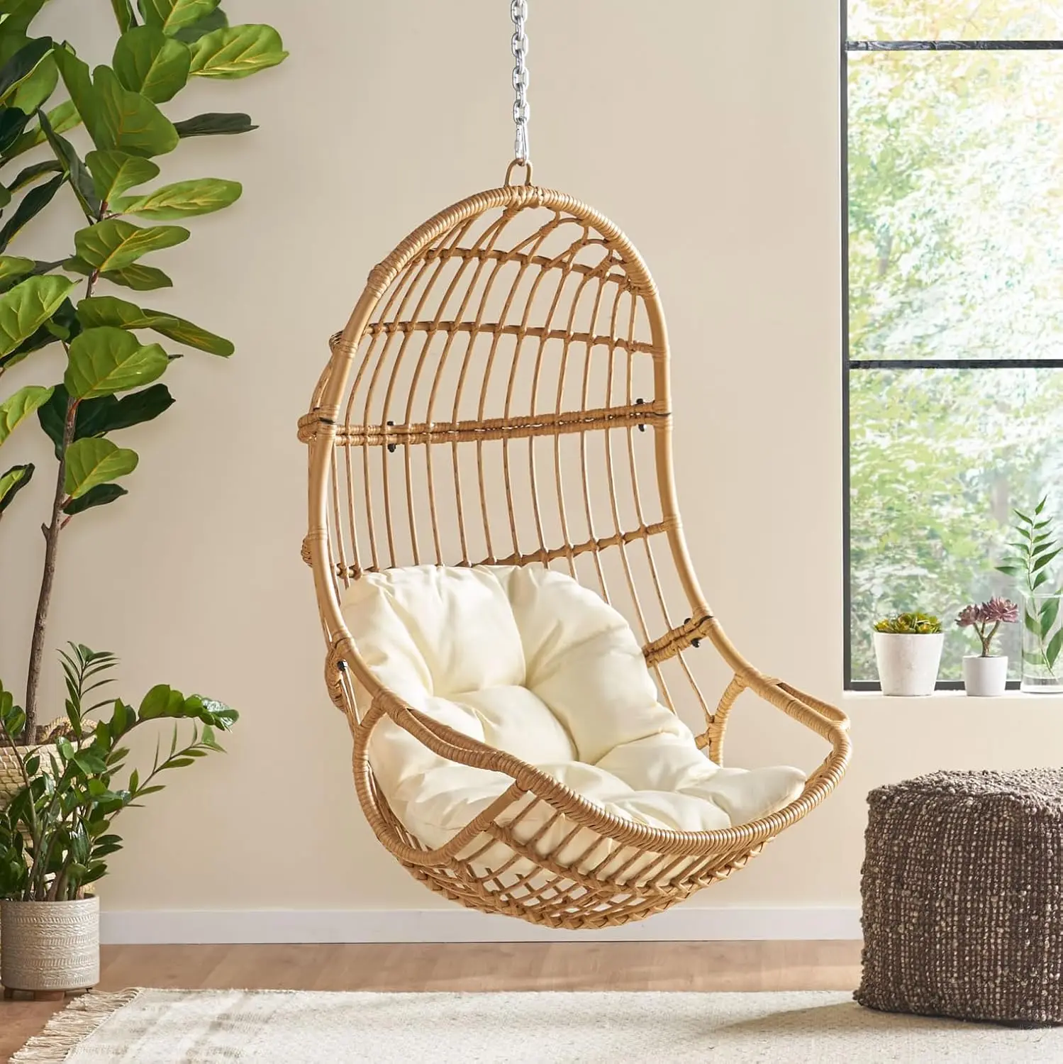 

Mariah Wicker Hanging Chair with Cushion, Boho Garden Lounger, Indoor Outdoor Furniture, Light Brown and Beige