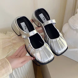 2024 Spring New Brand Women Slipper Fashion Pleated Round Toe Slip On Mules Shoes Round Toe Outdoor Dress Sandal Shoes