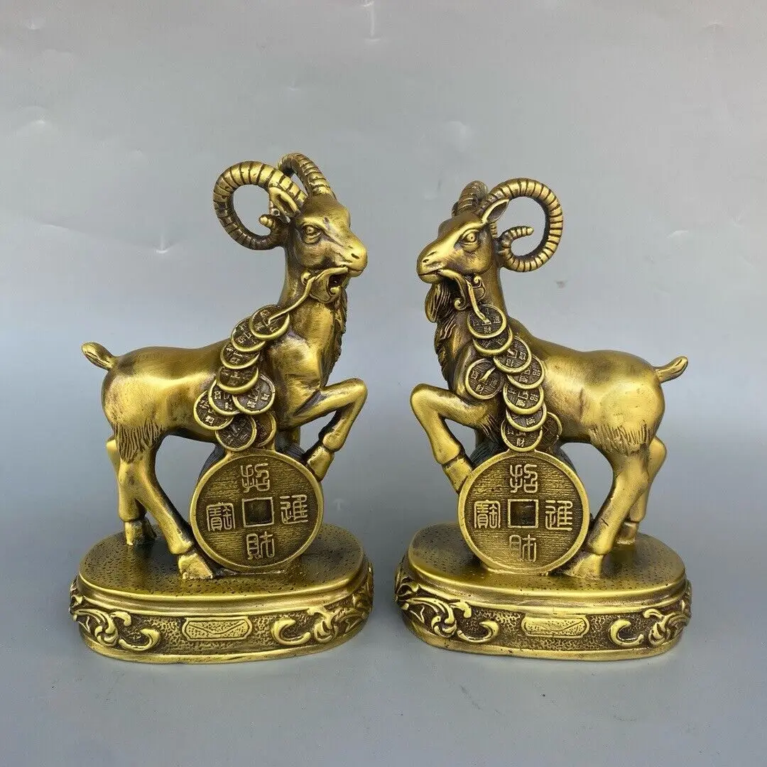 6'' home decor chinese fengshui brass sculpture pair fortune wealth sheep statue