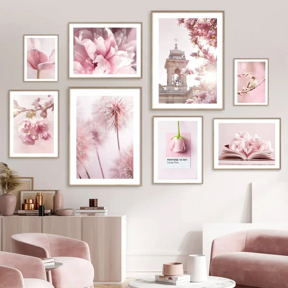 Spring Pink Rose Peony Sakura Dandelion Orchid Sparrow Car Garden Posters Flower Wall Art Canvas Painting Home Room Decor