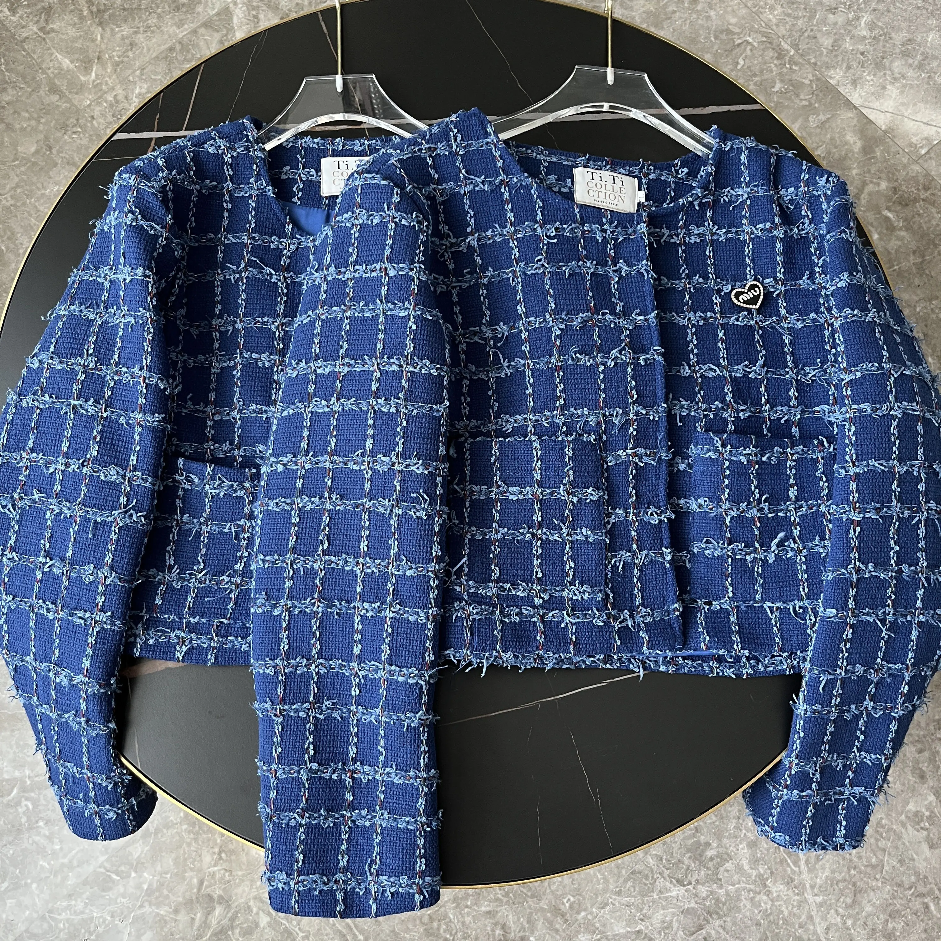 Korean Fashion Small Fragrance Autumn Winter Women Plaid Tassel Tweed O Neck Long Sleeve Pocket Jacket Outwear