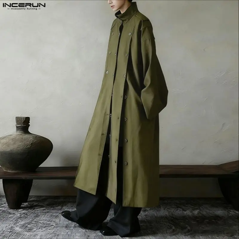 

Мужская длинная рубашка INCERUN, однотонная, с воротником-стойкой, с длинным рукавом, мужские топы, рубашки, уличная одежда, тройная застежка, модная мужская одежда