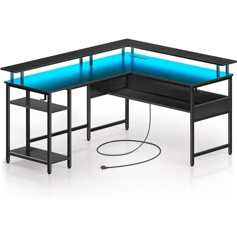 With LED Lights And Power Outlets, Reversible L Shaped Gaming Desk With Monitor Stand, Home Office Desk With Storage