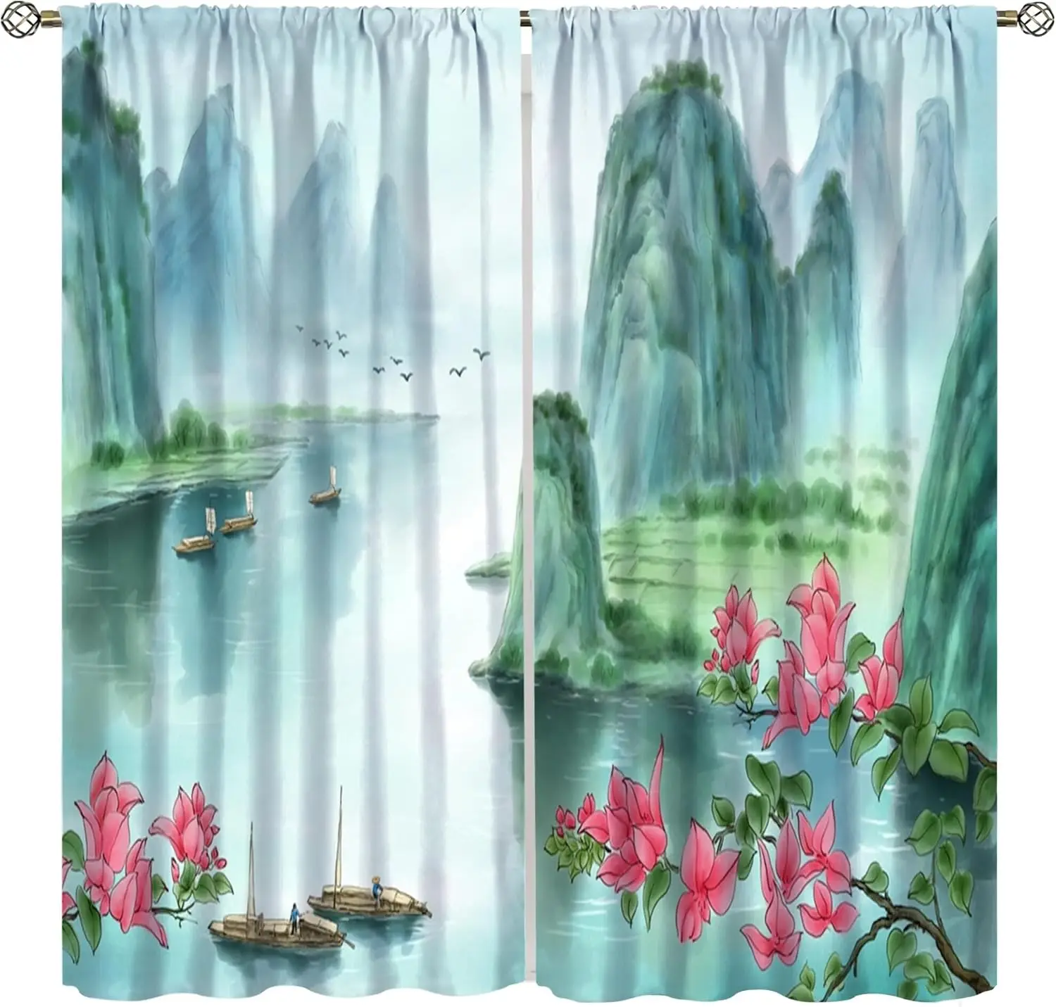 Chinese Ink Landscape Curtains, Oriental Pine Mountain River Nature Print 2 Panels Window Drapes for Living Room Bedroom Home
