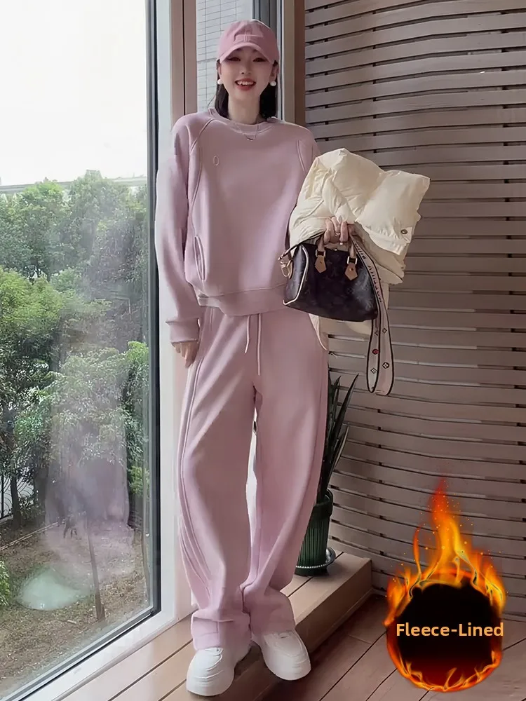 

Thickened Fleece Sportswear Set Women's Casual Style Wide Leg Pants Two-Piece Pink Sweatshirt Spring New Arrival Anti-Aging