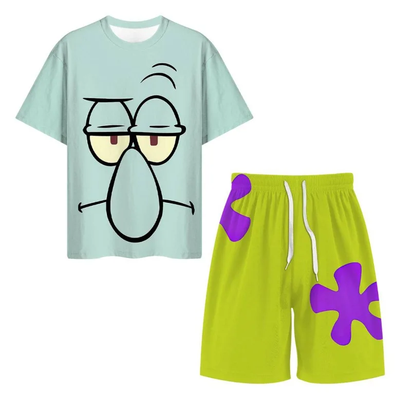 2026 Popular SpongeBob SquarePants Series Summer Fashion Adult Children Family Fan T-shirt and Shorts Casual Sports Couple Set