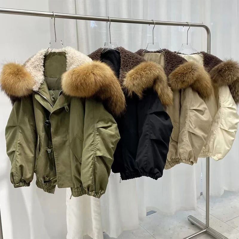 2024 Big Real Raccoon Fur Collar Women Parka Keep Warm Goose Down Jacket Army Green Loose Oversize Raccoon Fur Coats