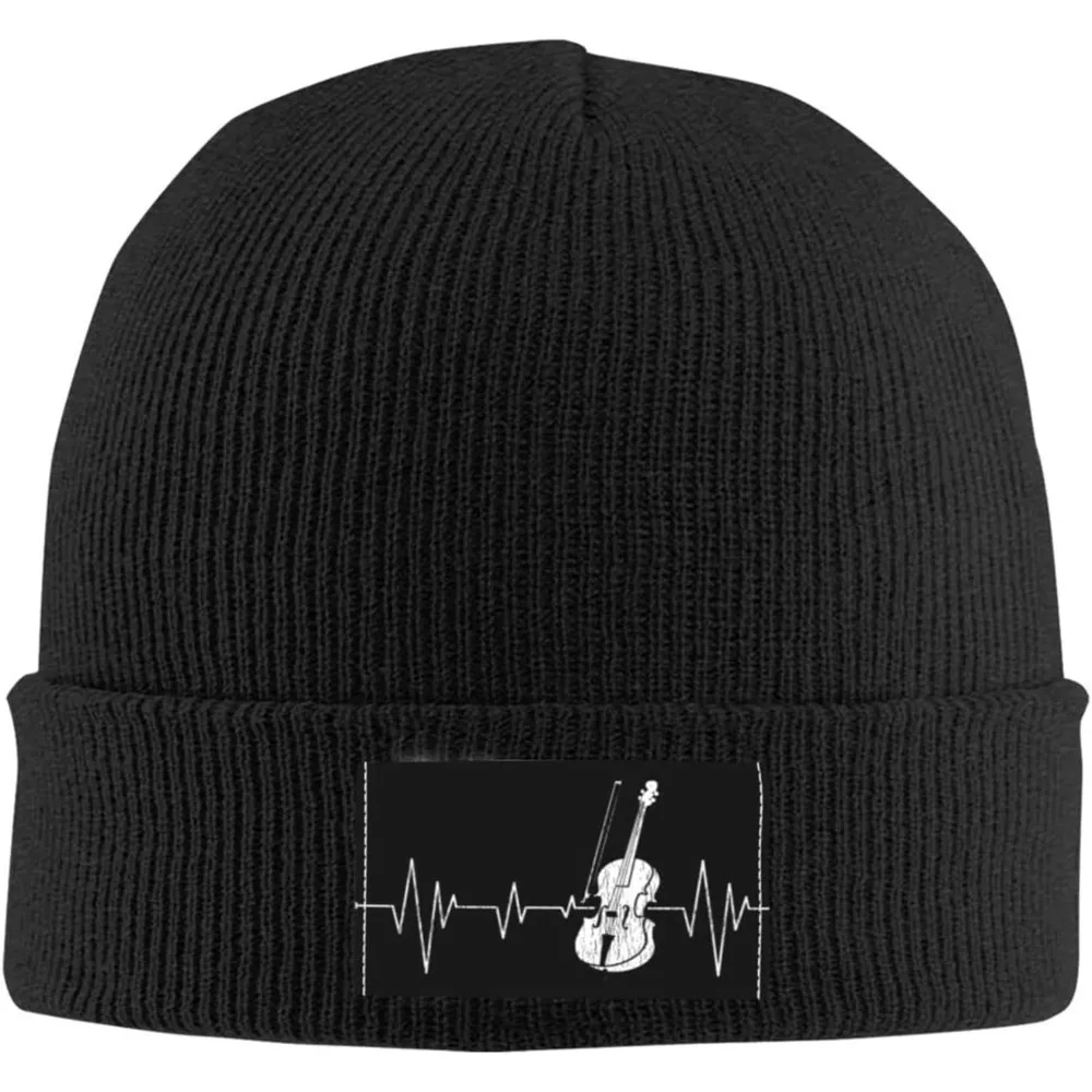 Funny Vintage Cello Heartbeat Gifts for Women Men Slouchy Beanie Hat Winter Warm Cuffed Skull Cap for Men Women Black