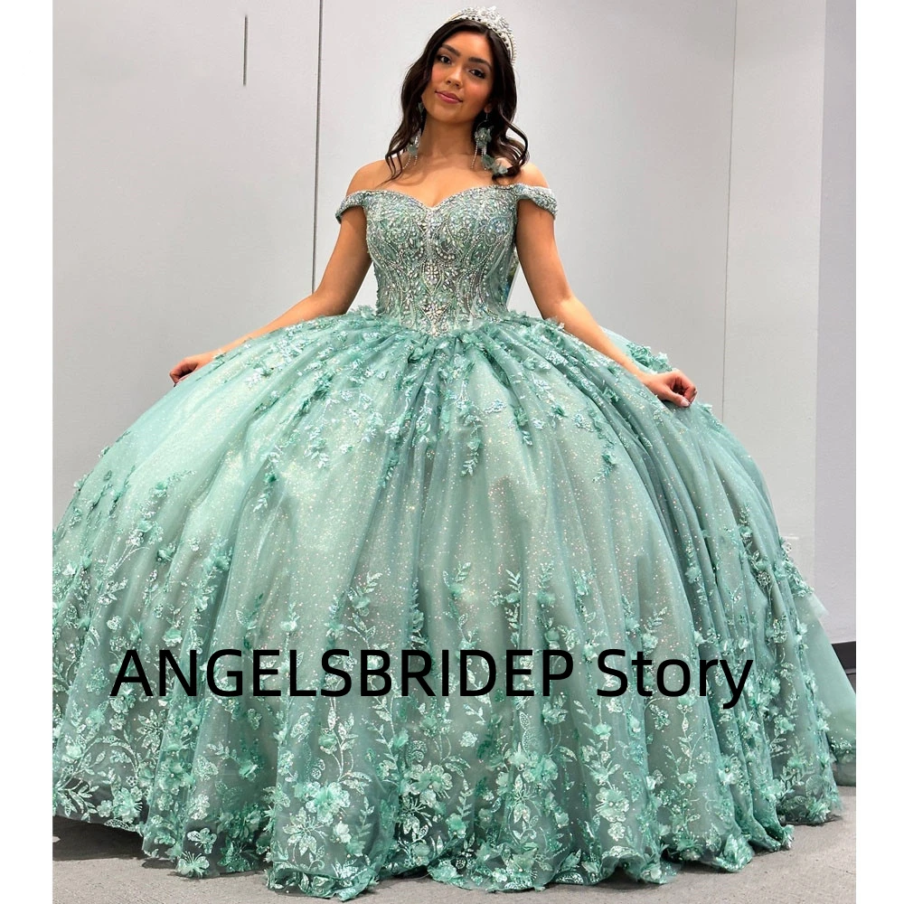 Angelsbridep ชุดเดรสสีเขียวมิ้นท์ชุดไปงานเต้นรำ3D ดอกไม้ appliques ลูกไม้รัดตัวหวาน15 vestidos de XV años ชุดทางการ