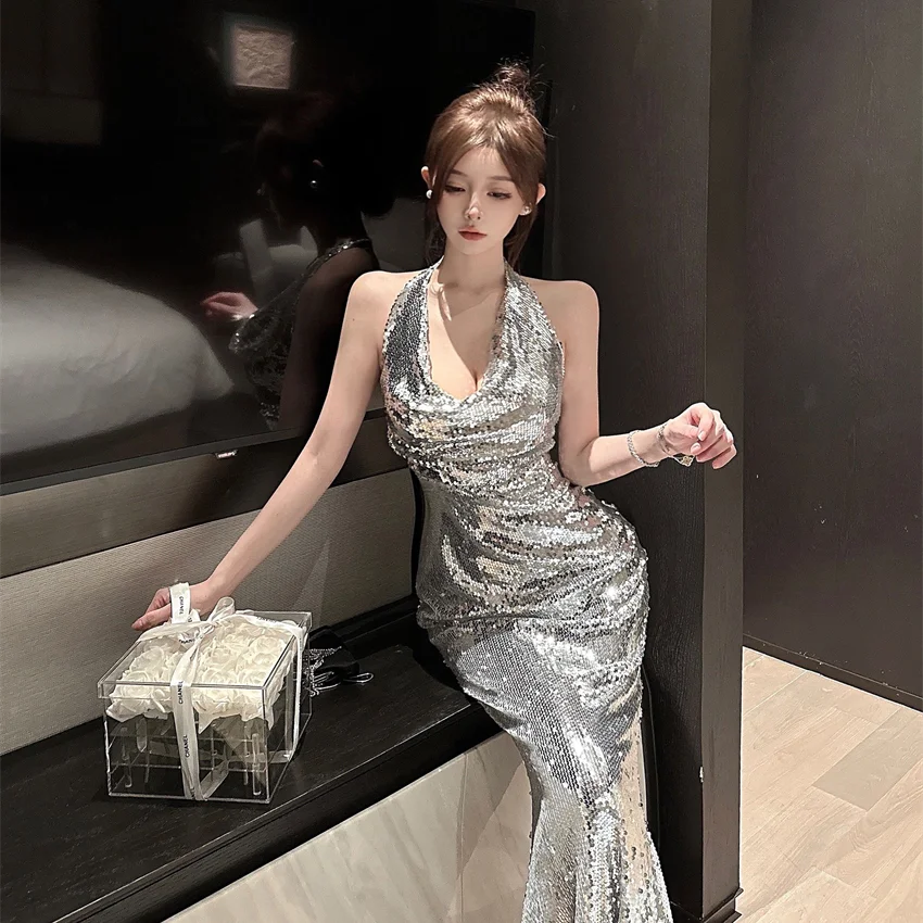 Korejepo Noble Light Luxury Dresses Sexy Silver Sequin Premium Evening Dress Sexy Celebrity Temperament Backless Neck Vestido