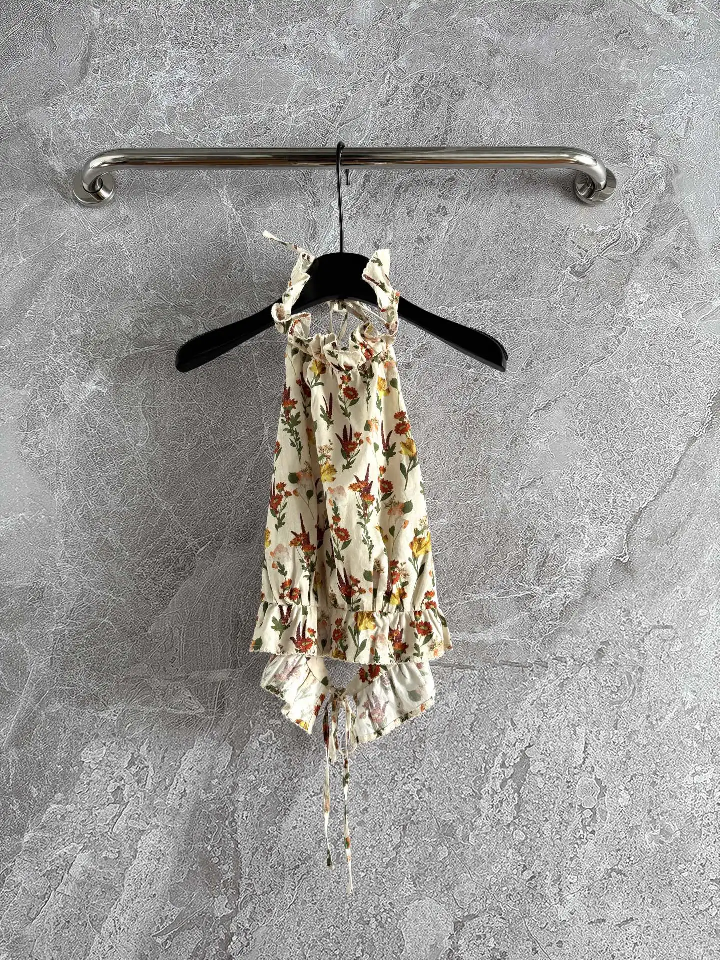 

Flower Print Women 100% Linen Set 2025 New Ruffled Collar Backless Sleeveless Camisole Top + High Waist Straight Wide Leg Pants