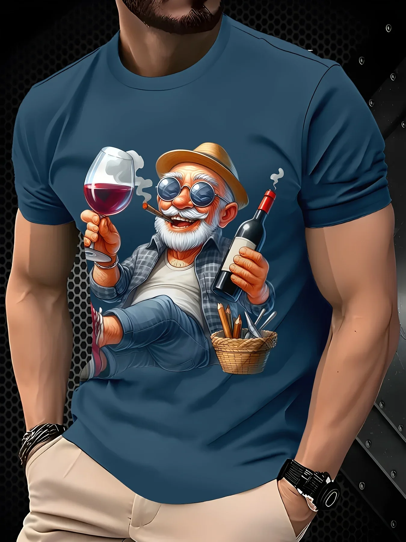 Funny Cartoon Old Man Wine Cigar Picnic Print T-Shirt Men Crew Neck Short Sleeve Leisure Drinking Casual Blue Fashion Tops