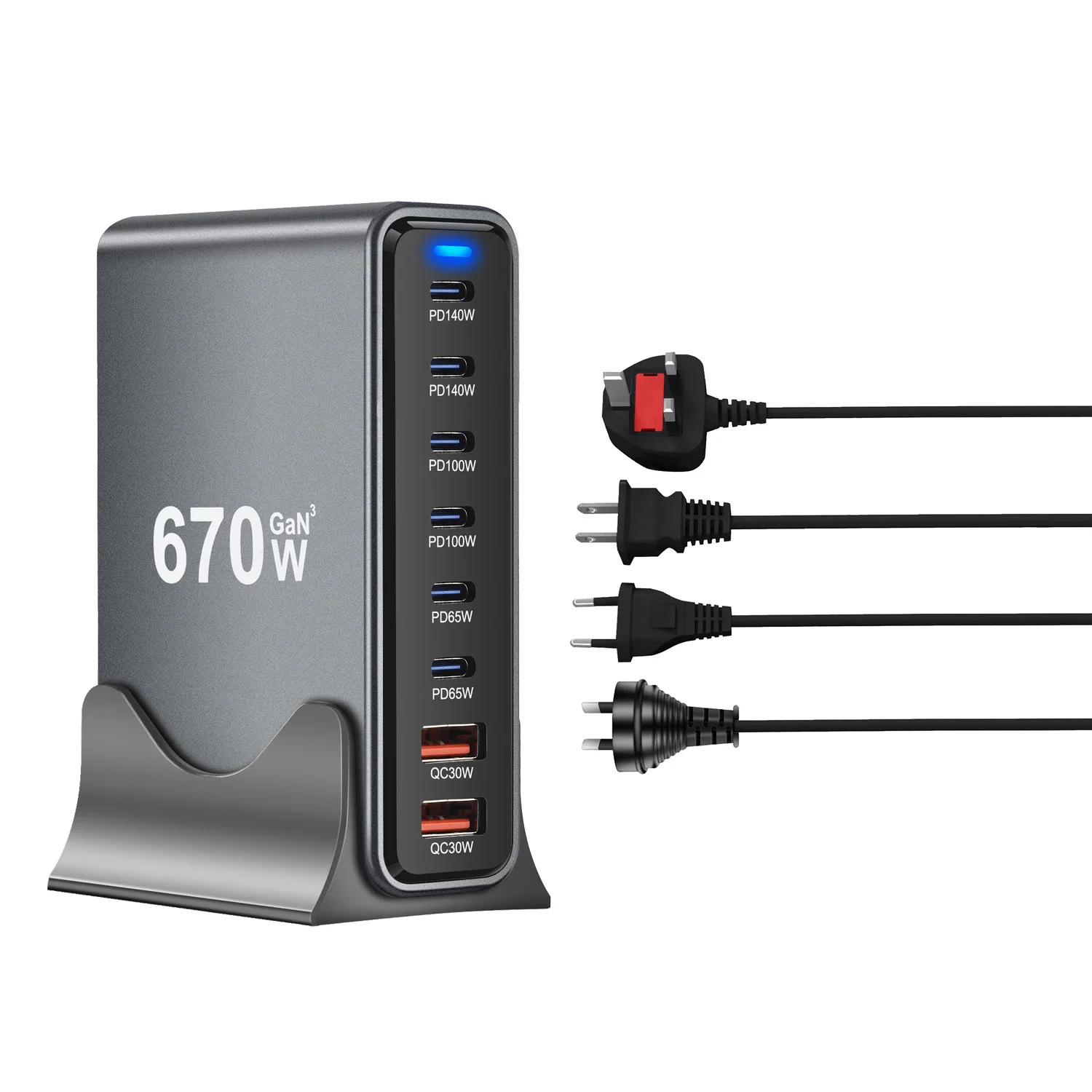 8-Port 670W GaN Quick Charging Mobile PD3.1USB Type C Fast Charger Station for iPhone 18  Samsung Xiaomi Laptop Dropshipping