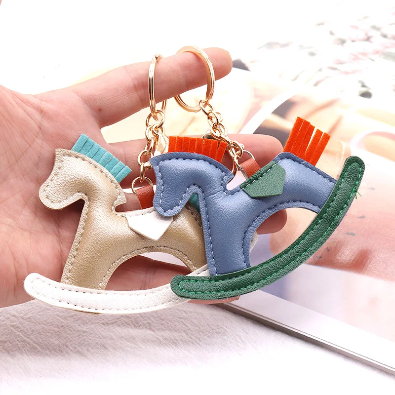 10 Colors New Trendy Designer PU Leather Rocking Horse Keychain Pony Horse Decoration For Lady Bag Keyring Charm Accessories