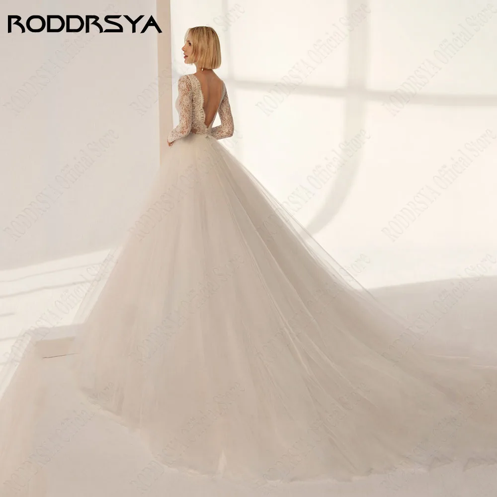 RODDRSYA-Robe de mariée en dentelle dos nu, coupe trapèze, manches longues, encolure dégagée, patients musulmans, quelle que soit la robe de mariée en tulle, 2024Roddrsya 2024 mariée sans dos dentelle robe de mariée a