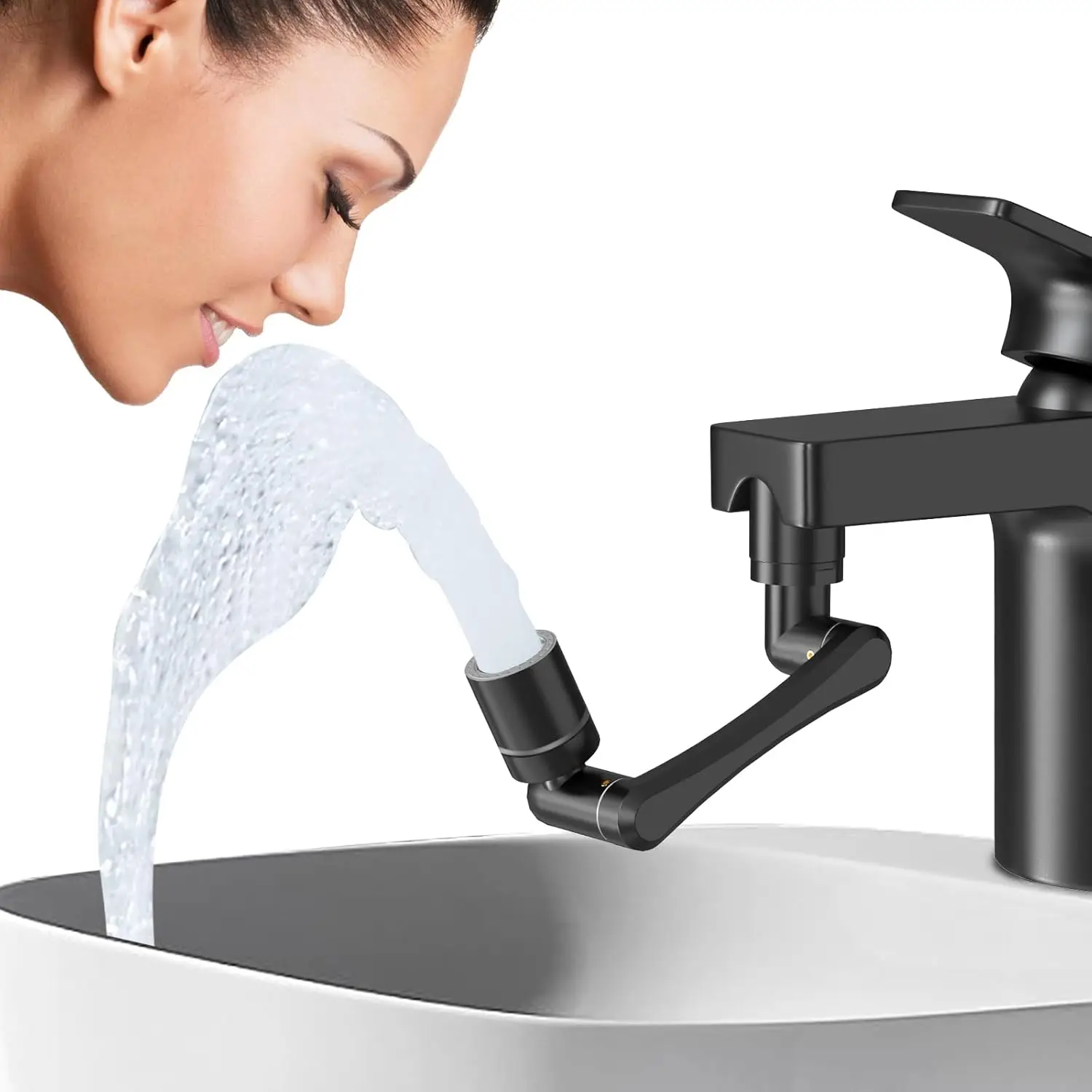 

1440° Rotating Sink Aerator with 2 Water Outlets, Swivel Arm for Kitchen/Bathroom, Black - Large-Angle Splash-Free Tap Extension