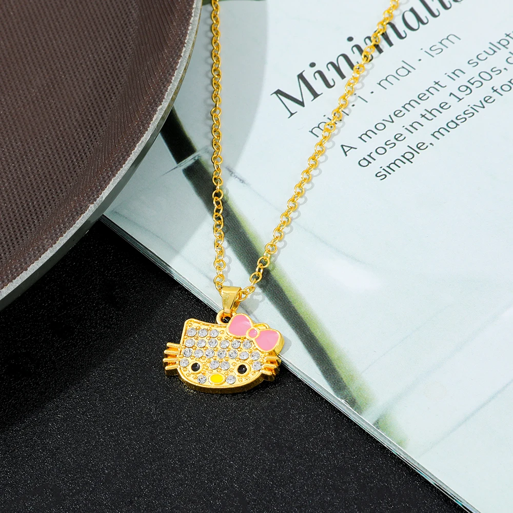 Creative Hello Kitty Cartoon Figure Necklace Trendy Rhinestone Head Portrait Jewelry Accessory Pendant Gift for Children