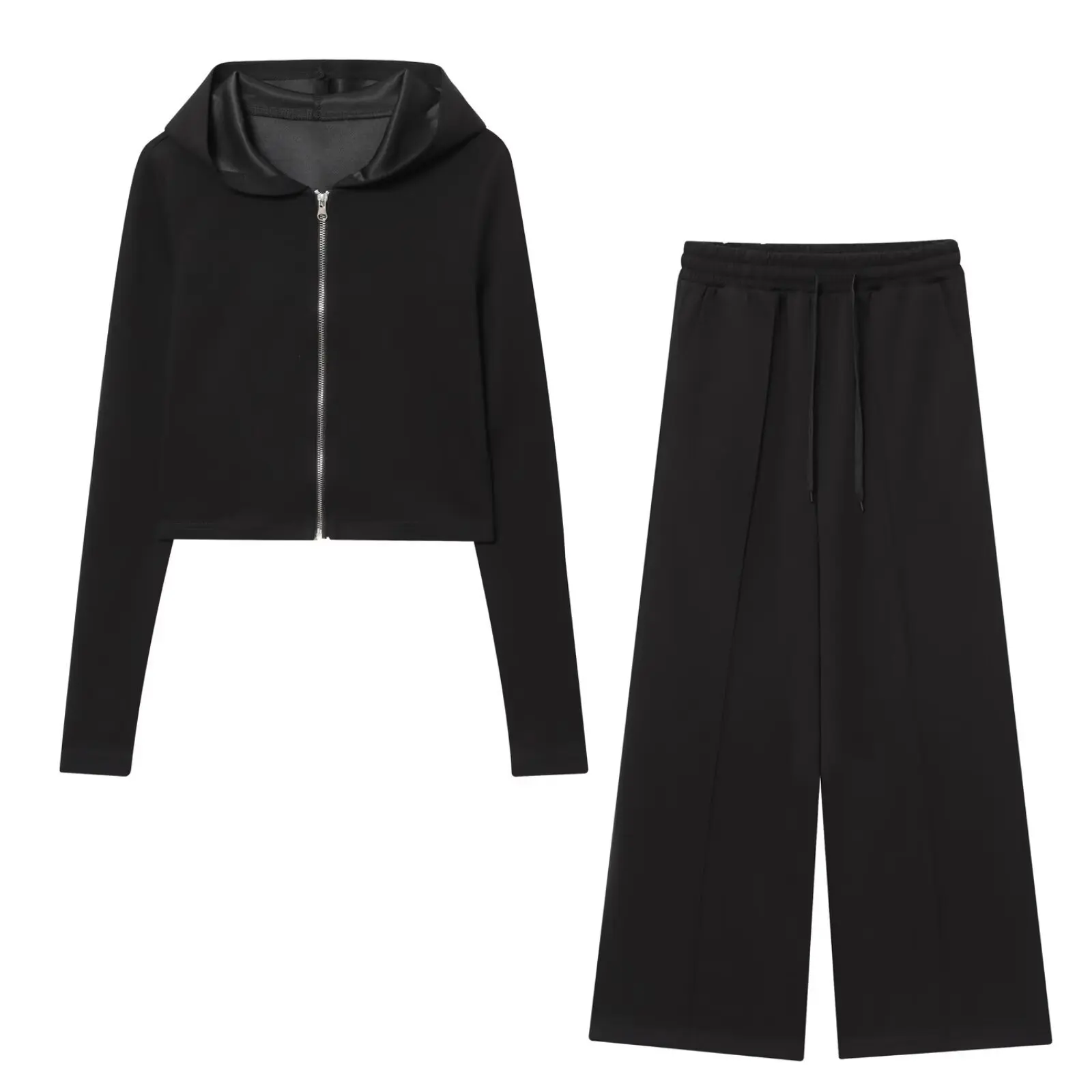 المرأة الخريف سليم صالح متماسكة سستة مقنعين سترة قصيرة البلوز بلون عارضة واسعة الساق السراويل قطعتين مجموعة #3