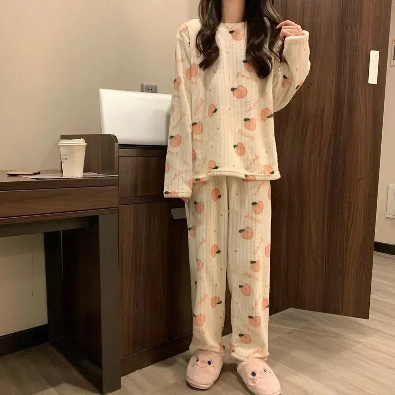 Women Warm Thicken Fleece 2 Pieces Sets O-Neck Long Sleeve Top & Elastic Waist Pants Cute Peach Print Pajamas Set