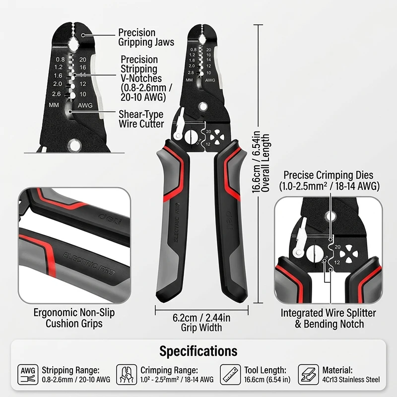 7 Inch 4Cr13 Wire Stripper Crimping Pliers 0.8-2.6mm 1-2.5mm² Multi-function Electrician Tool for Wire Terminal