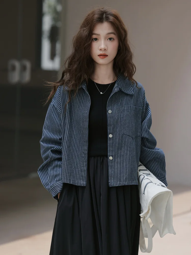 

Denim Coat Oversize Womens Spring Outcoats Ribbed Cropped Patchwork Sweet Young Minimalism Vacation Pocketed Fitted Lovely Daily