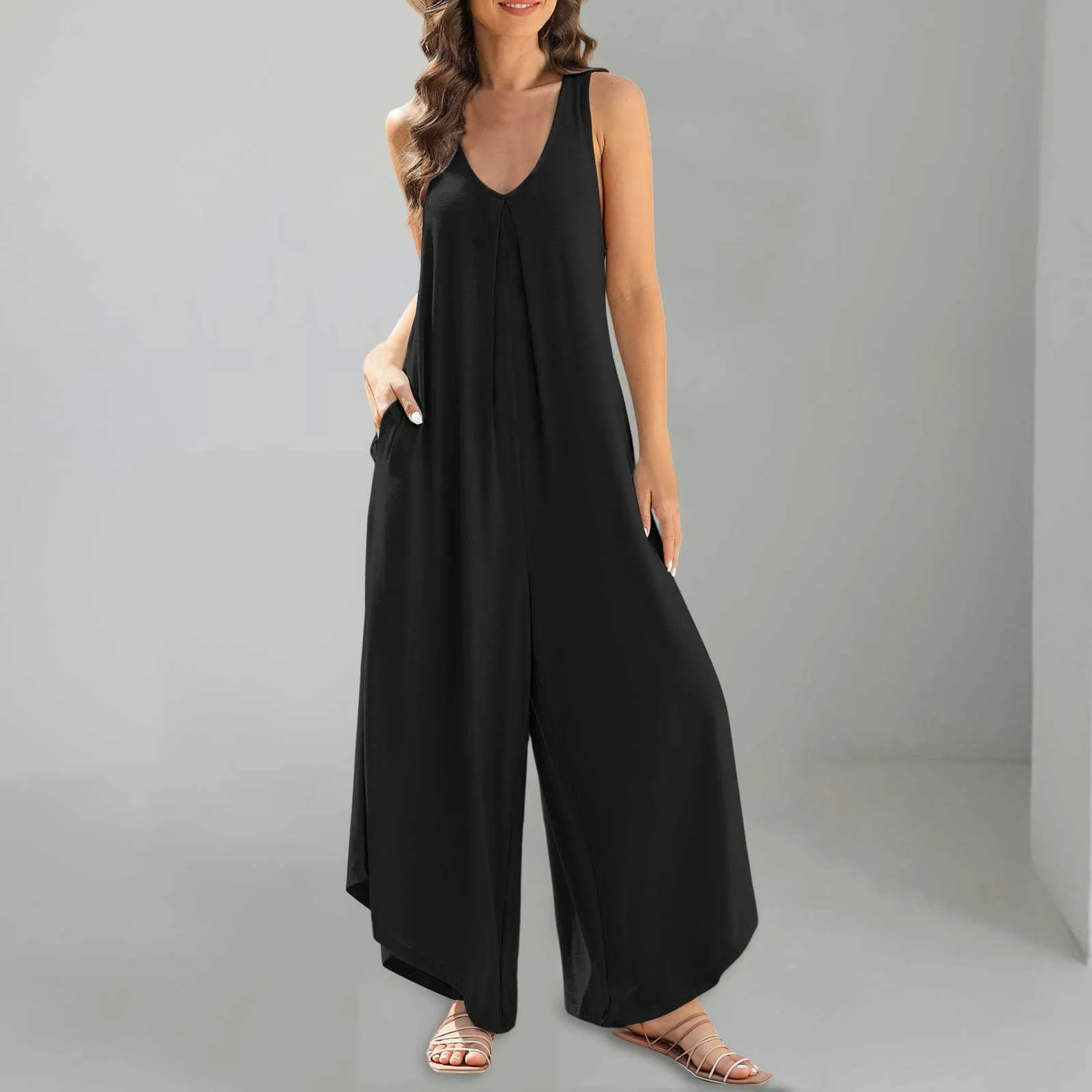 

Womens Casual Sleeveless Strap Loose Adjustable Jumpsuits Stretchy Long Pants Romper with Pockets Commute Jumpsuits 2024