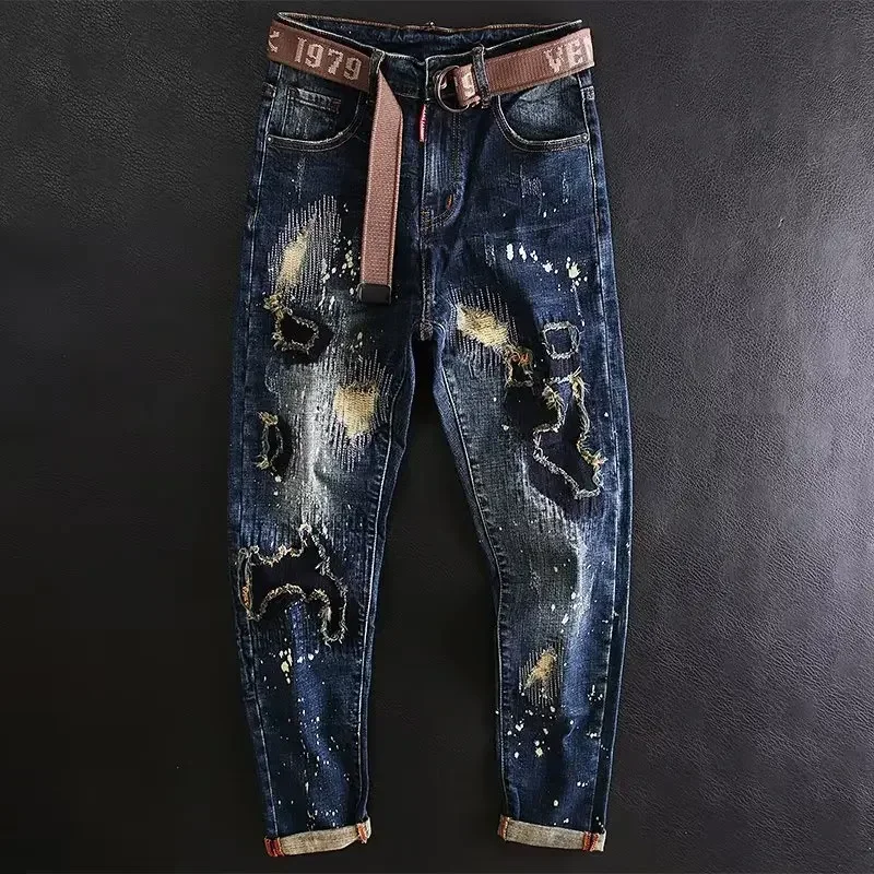 Pop New Spring And Summer Trendy Men's Washed, Ripped, Patched And Painted Stretch Slim-fit Straight-leg Blue Jeans.
