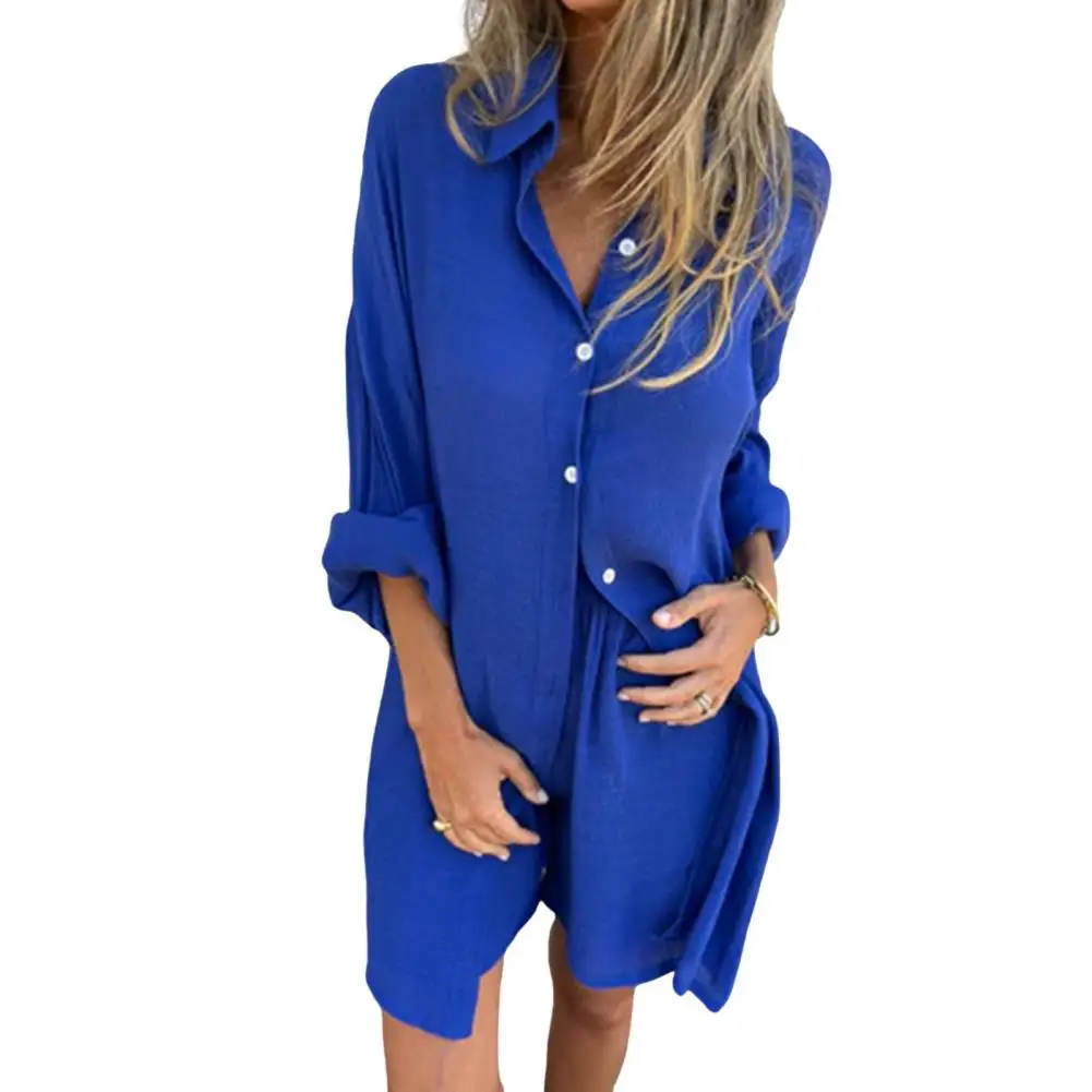 Two-piece Suit Spring Sleepwear Set with Button-down Shirt Elastic Waistband Shorts Mid-length Blouse Pants Outfit for Summer