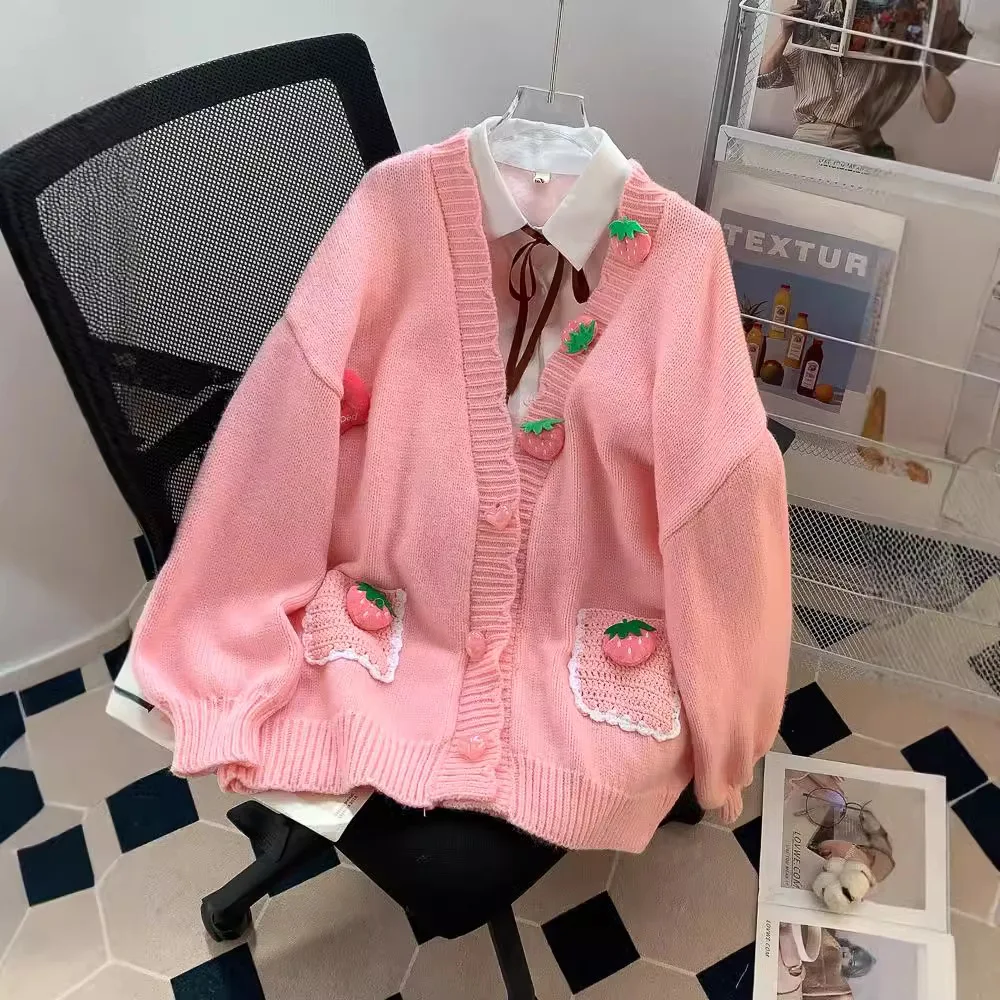 

Pink strawberry cute sweet age-reducing cardigan sweater female autumn and winter 2024 new loose lazy style knitted jacket