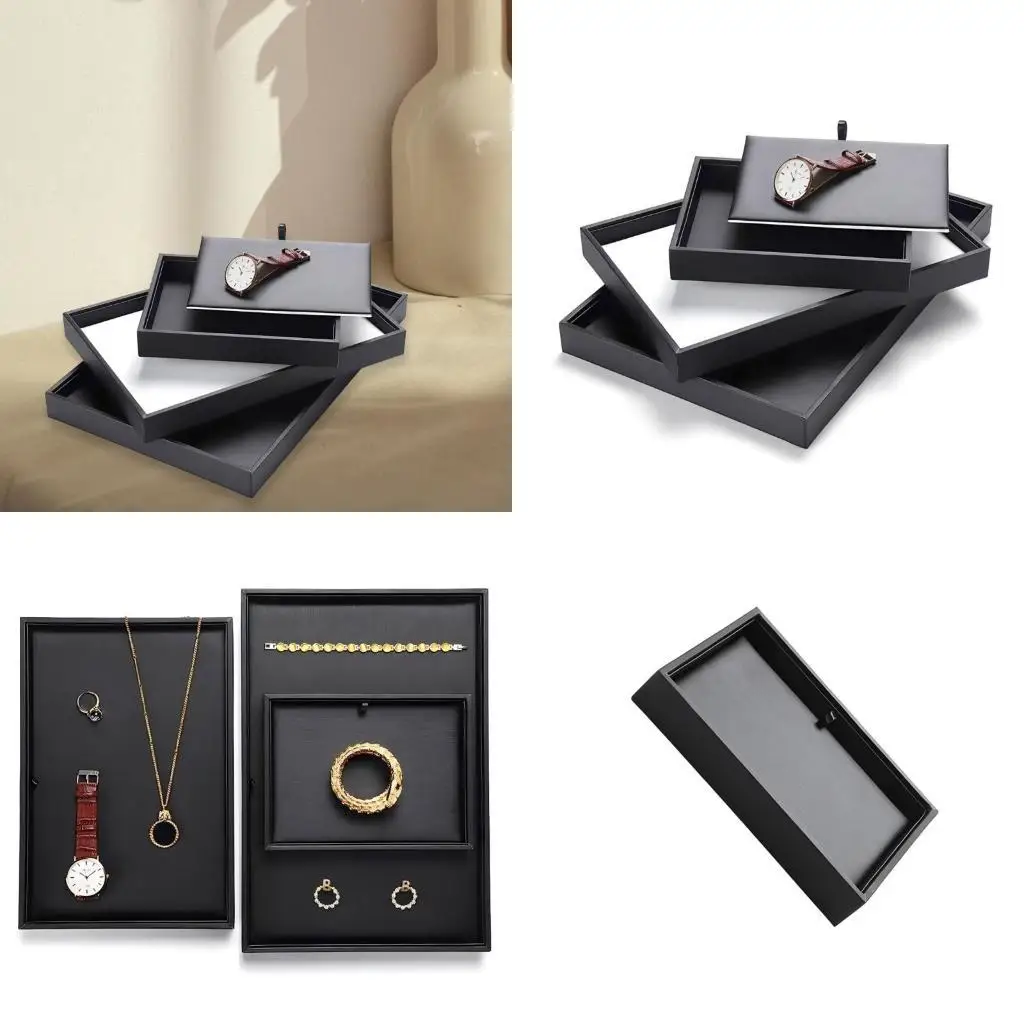 

652F Stackable Black Jewelry Display Tray Elegant Black PU Jewelry Display Tray For Storing Rings And Necklaces Adornment