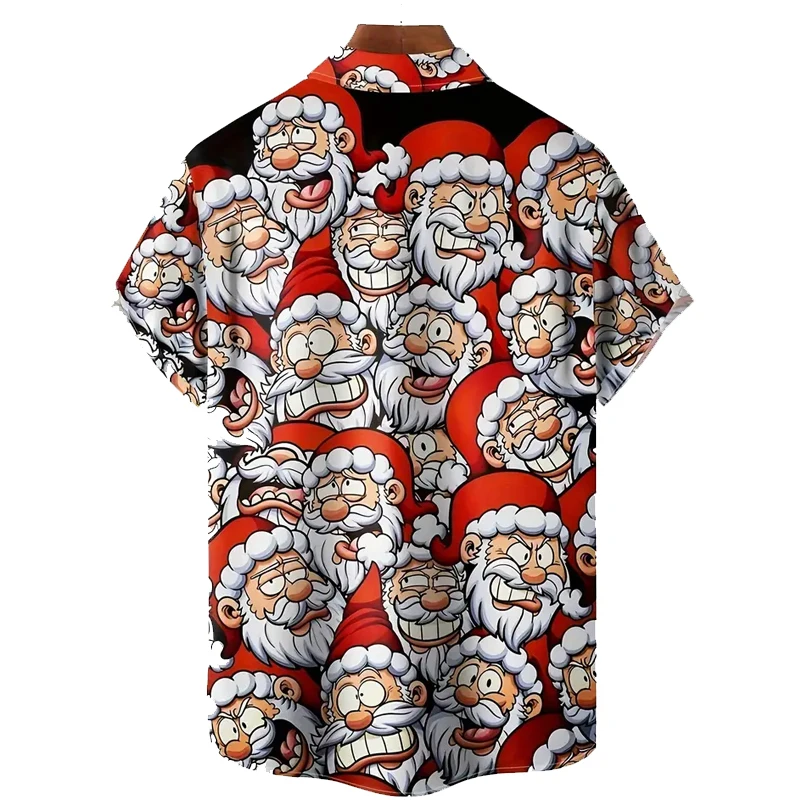 Camisa masculina de botão manga curta, bolso no peito, tecido respirável, padrão festivo, desenhos animados elegantes de Papai Noel e Alce, feriado