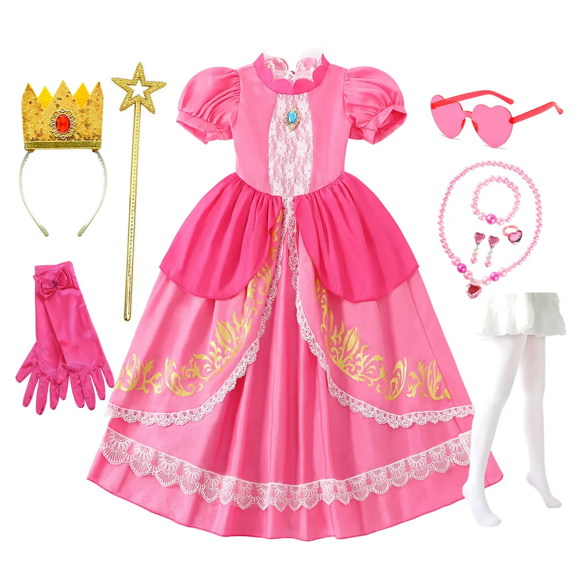 Kinder-Halloween 2026 Rollenspiel Pfirsich-Kostüm Klempner-Partner Abenteuer Galaxie-Film Mädchen Geburtstagsparty Prinzessin Spitzen-Ballkleid
