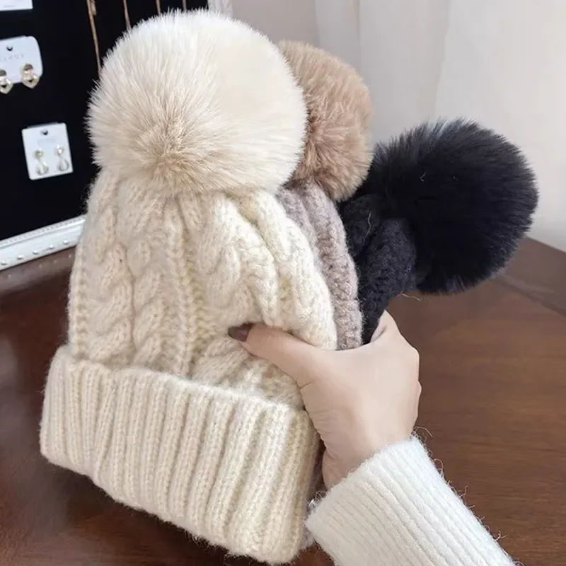 thicken Fur Pom Knitted Beanies Hat Female Plush Winter Fleece-lined Warm Hats for Women Girl\'s Outdoor Woolen Thermal Gorro Cap