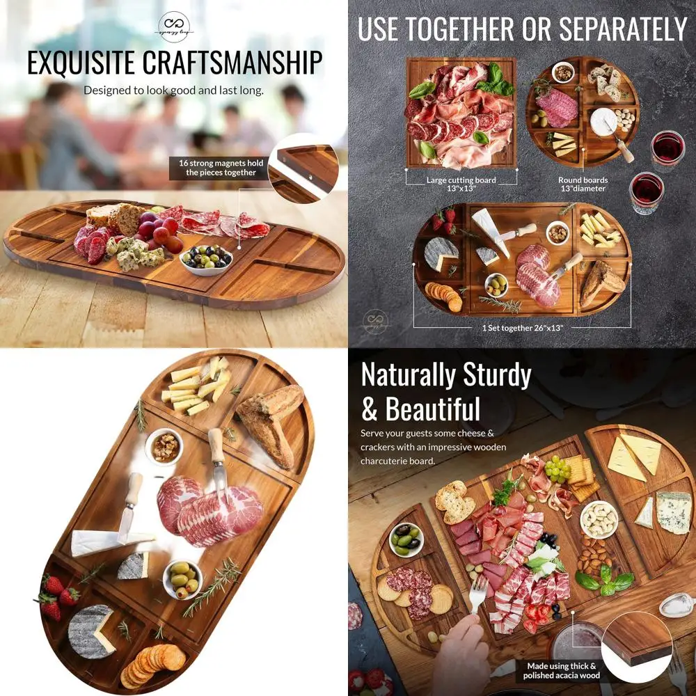 

Elegant 3-Piece Acacia Wood Charcuterie and Cheese Board Set with Magnetic Holders - 26x13