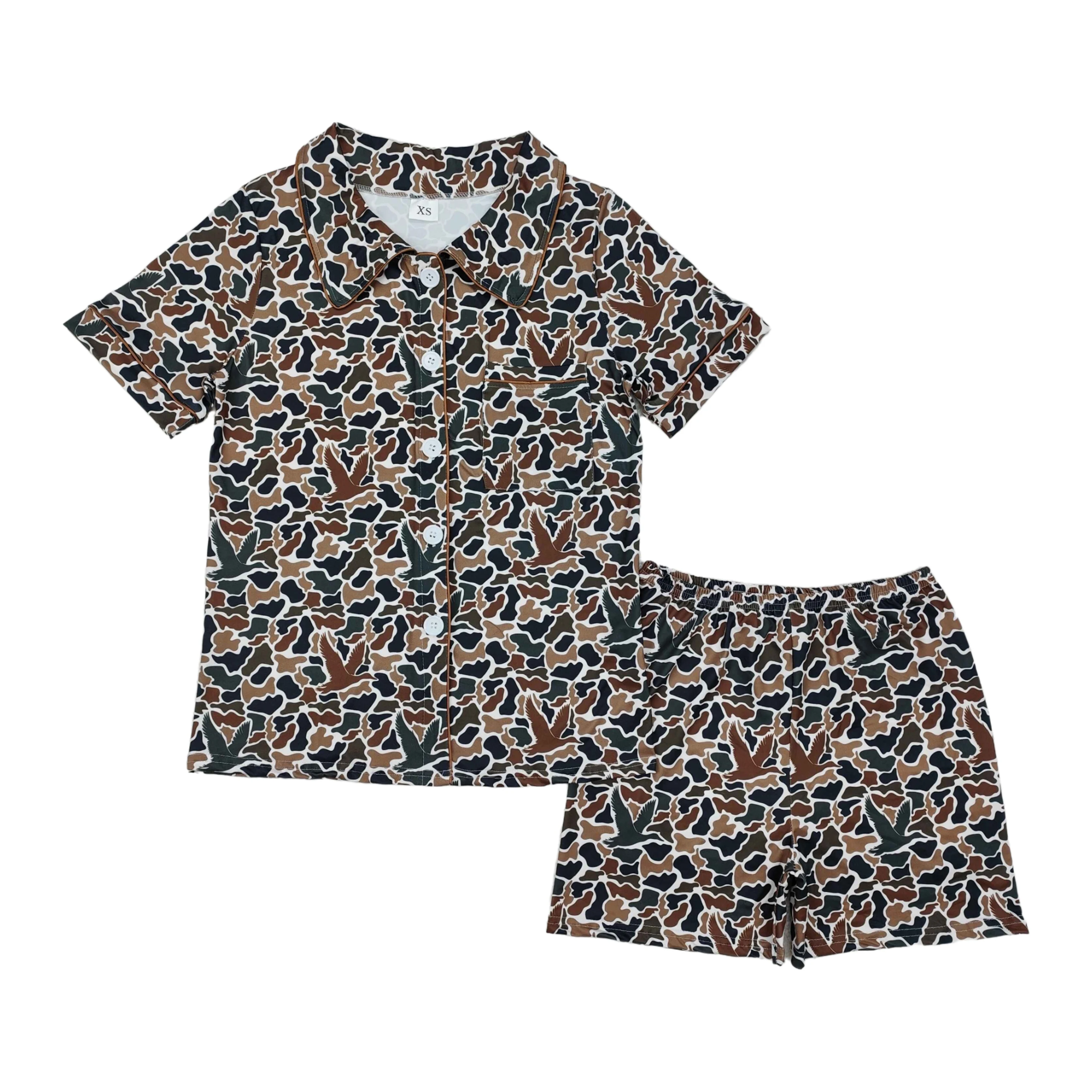 Vendita all'ingrosso donne adulte maniche corte camicia con tasca abbottonata pantaloncini pigiama donna pigiameria set leopardo anatra camo plaid outfit