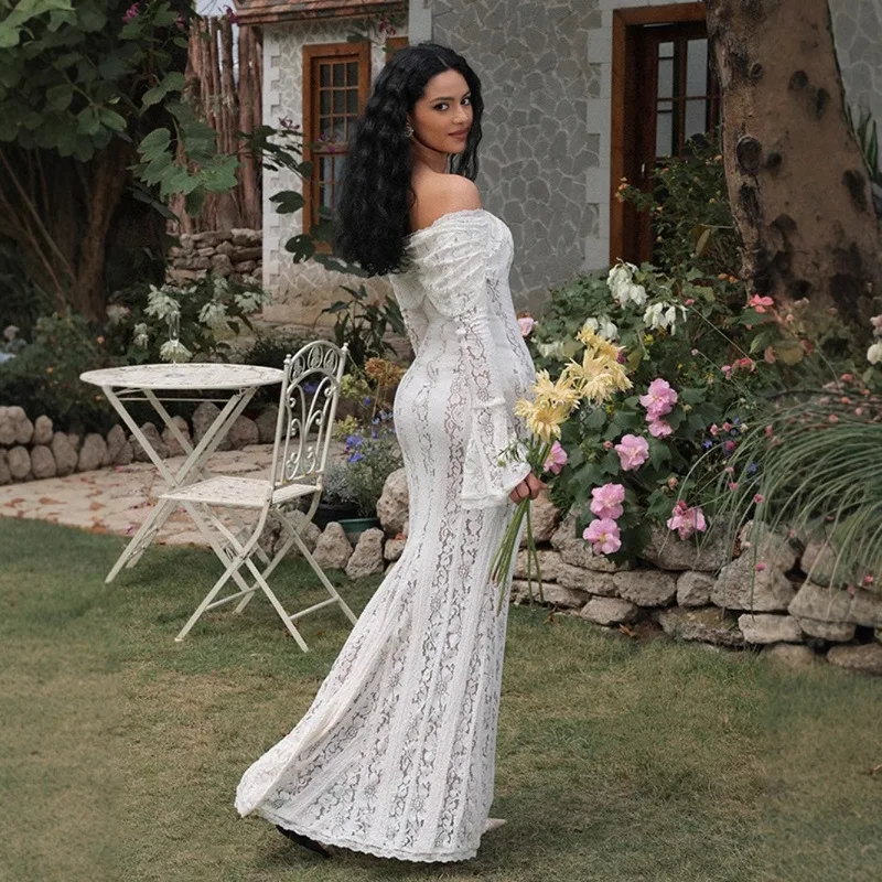 Lange Kleider im französischen Stil mit Spitze für Damen, 2026, elegant, schulterfrei, Abendparty-Kleider, luxuriöses, figurbetontes Kleid mit Blumenstickerei