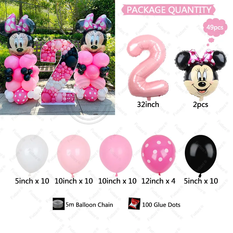 49Pcs Disney Mickey Minnie Mouse Balloons Tender Pink Number Foil Balloon For Kid Birthday Party Decor Baby Shower Supplies