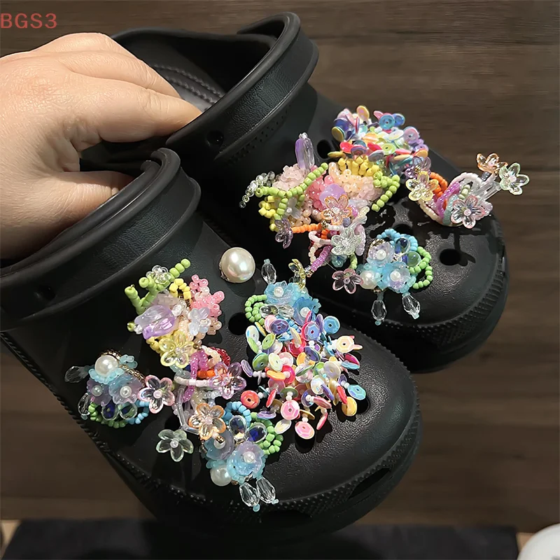 1Pc ビーズタッセル靴チャーム取り外し可能なカラフルな花の靴アクセサリー女の子の夏の靴靴バックル DIY ギフト