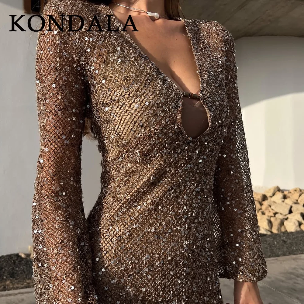 KONDALA 2025 Spring Summer Sexy Hollow Out Women Dresses Fashion Night Club Beading V Neck Slim Sheer Chic Ladies Dresses