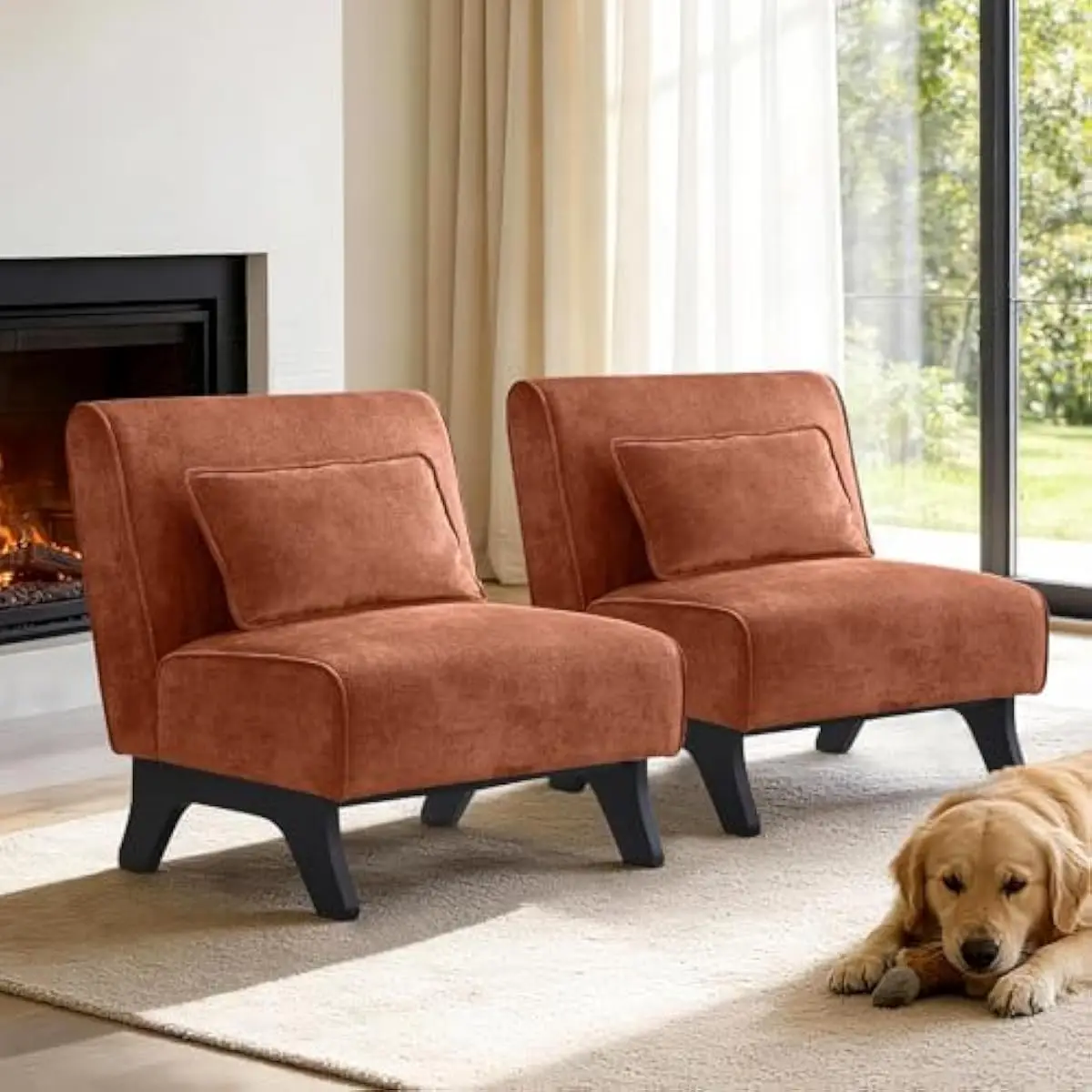 Upholstered armless lounge chairs set of two – wood frame construction with high-density foam cushioning and integrated back pil
