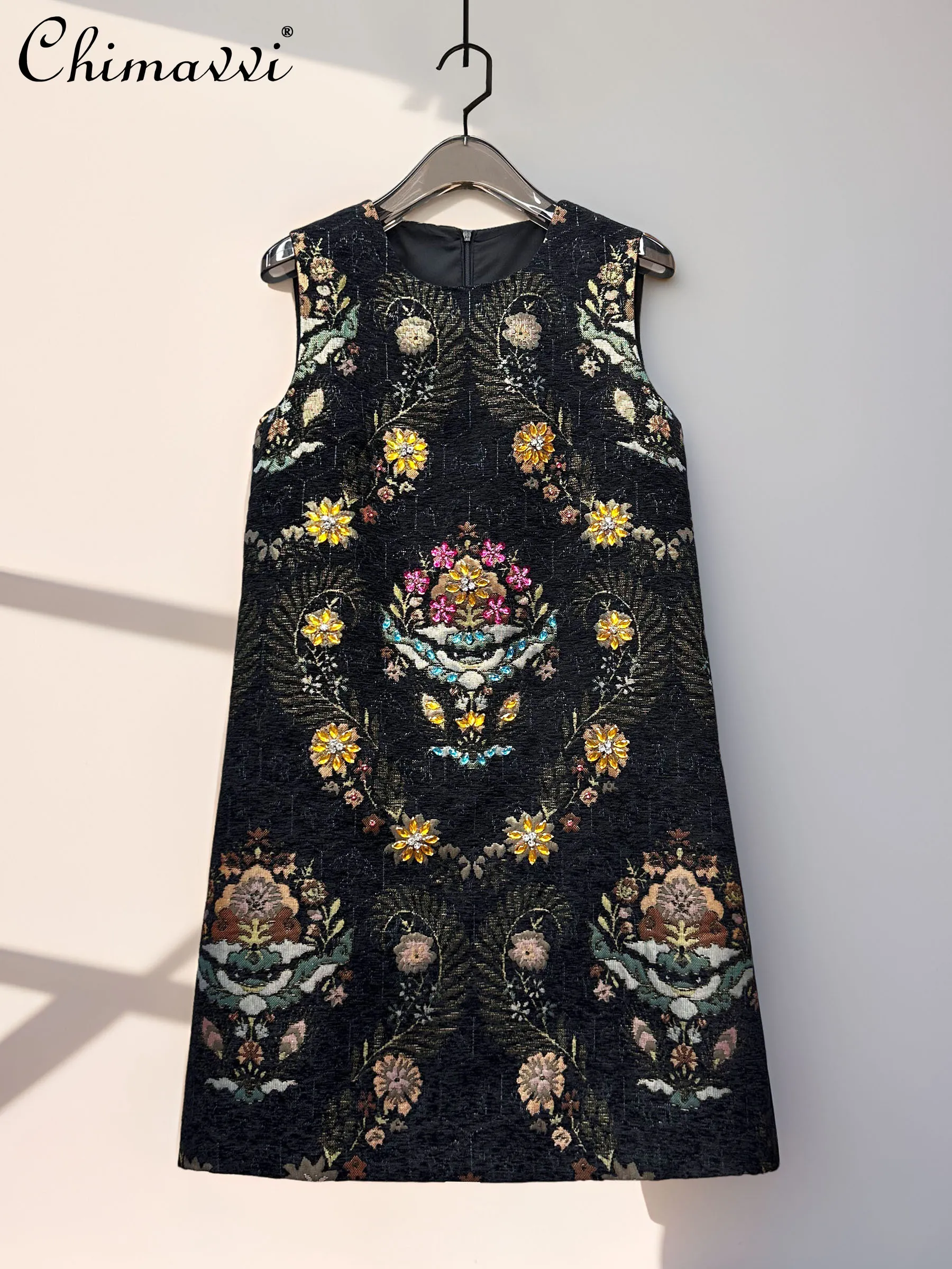 

French Elegant Luxury Evening Party Dress Diamond Embroidery Round Neck Sleeveless Socialite High-end Vintage Short Dress Women