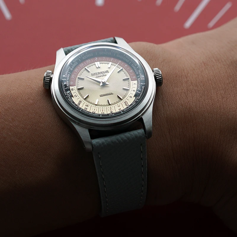 ساعة Merkur World Time للرجال ميكانيكية ريترو للرجال جلد مقاوم للماء 38 ملم Reloj Hombre