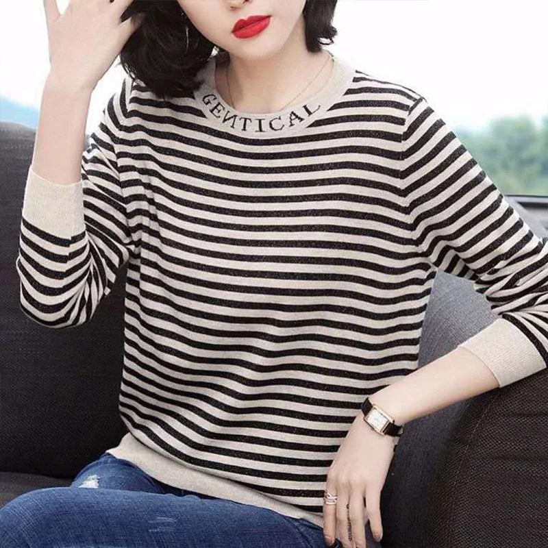 Autumn Fashion All-match O-neck Letter Pullovers Women Clothing Casual Loose Striped Knit Sweaters Lady Elegant Long Sleeve Top