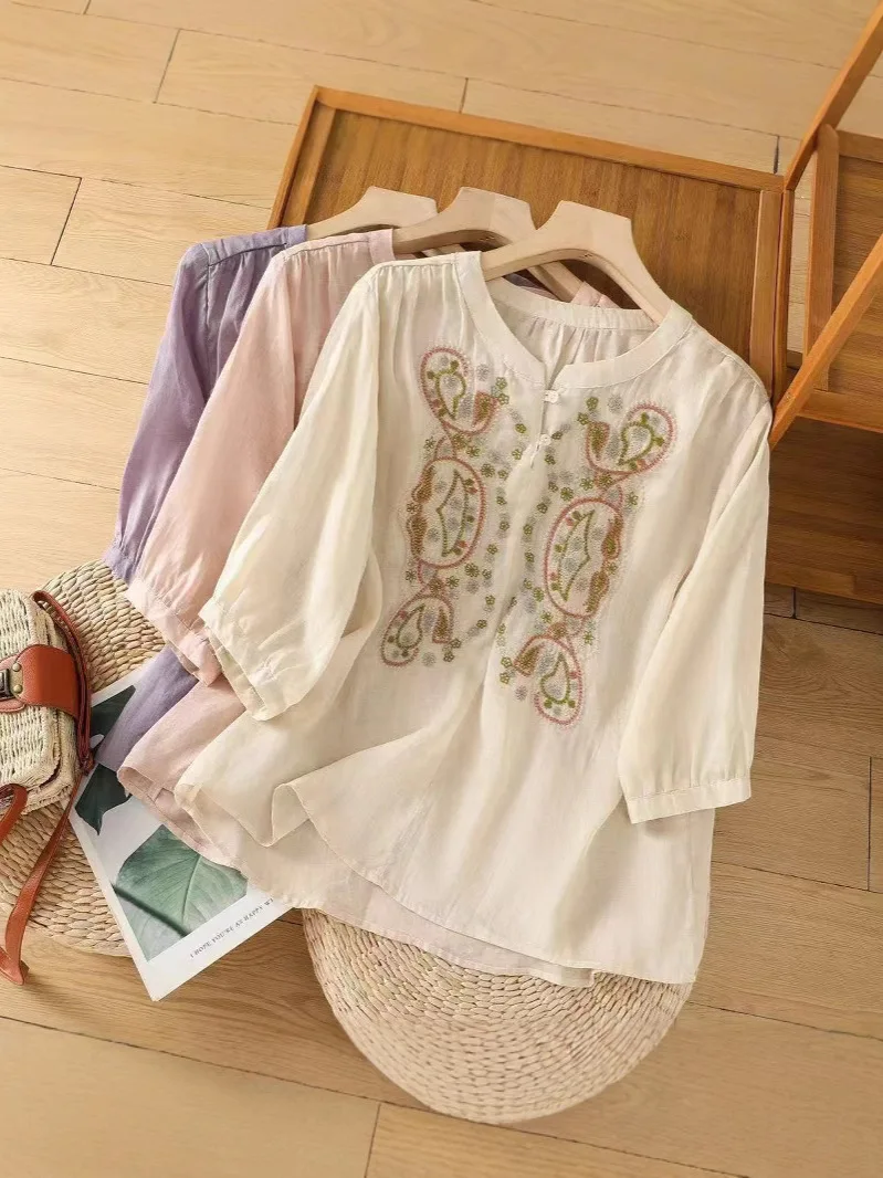 

Рубашка с круглым вырезом и пуговицами-лягушками, с вышивкой лотоса, с коротким рукавом, с частичной планкой, пуловер, в стиле бохо, летняя, хлопковая, повседневная, топ