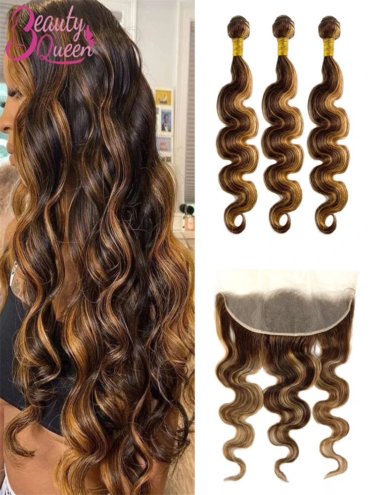P4/27 Bundles de cheveux humains Body Wave avec closure, extensions de cheveux brésiliens avec frontal 13x4 en dentelle