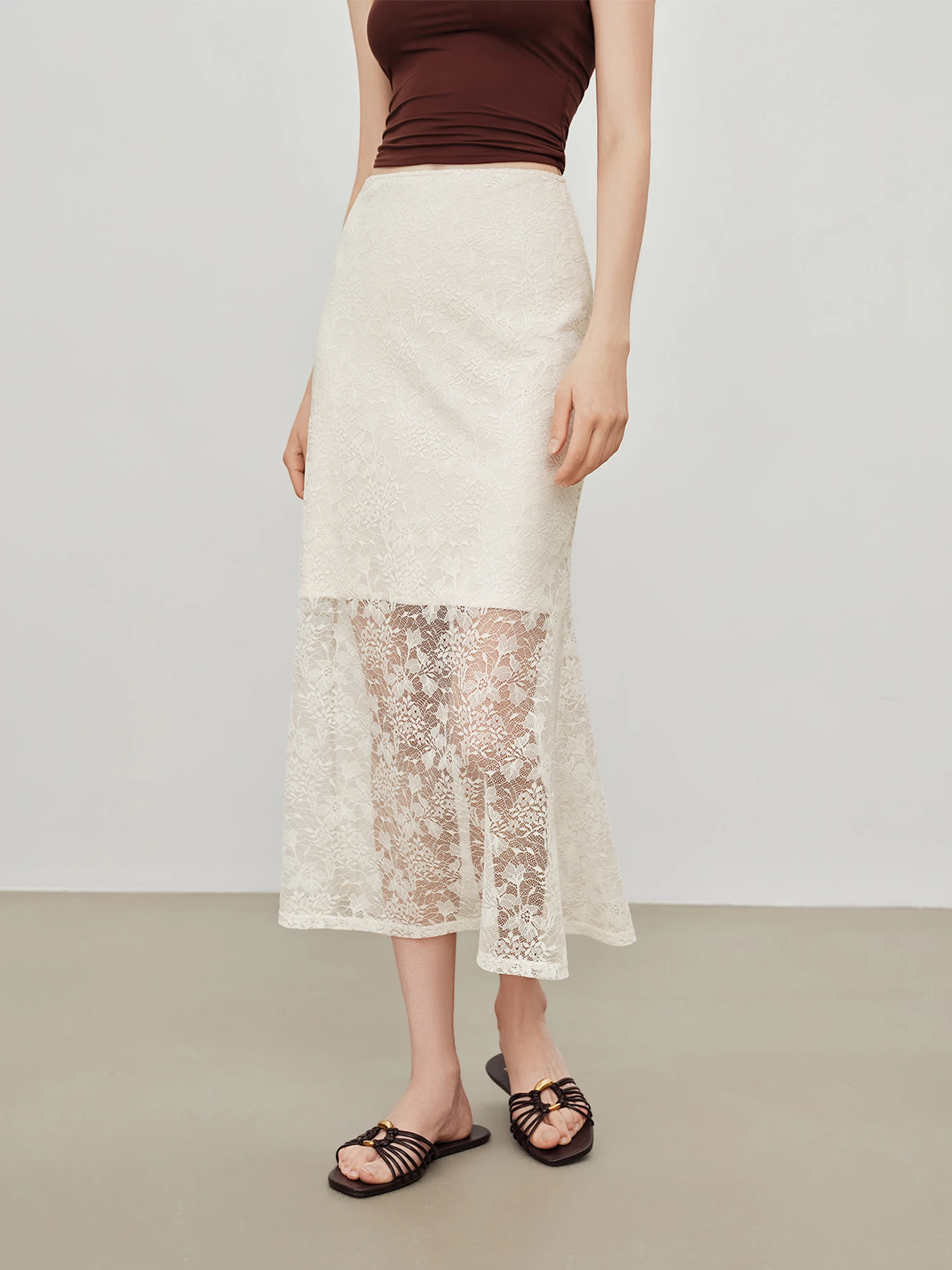 ZIQIAO French-style Hollowed-out Lace Embroidered Beige Fishtail Midi Skirt for Women New Summer 2026 Style Elegant Pretty Ins
