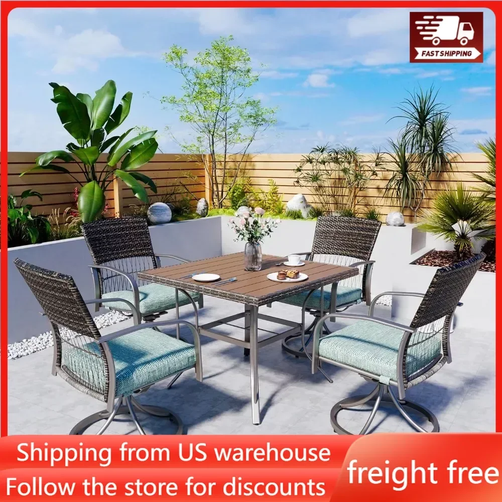 5 Piece Patio Dining Set for 4,Outdoor Wicker Furniture Set for Backyard Garden Deck Poolside with 4 Cushions Swivel Chairs