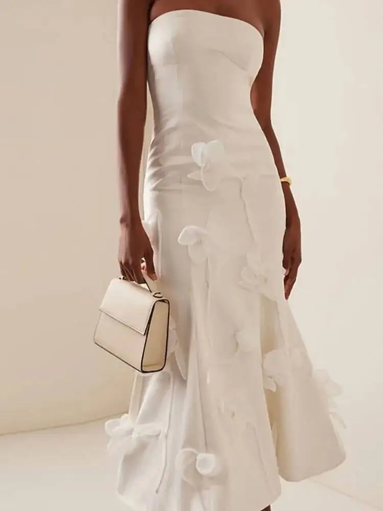 فساتين أنيقة مزخرفة بالزهور طويلة للنساء مثيرة بدون حمالات بدون أكمام بقصة ضيقة للحفلات فستان أبيض عالي الخصر #4