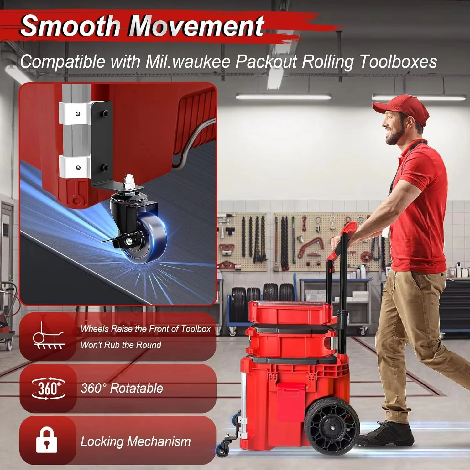 Actualizado 360 °   Ruedas delanteras duales, ruedas de envasado compatibles con Mil.Waukee Packout Rolling Toolboxes Accesorios Capacidad de 200 libras